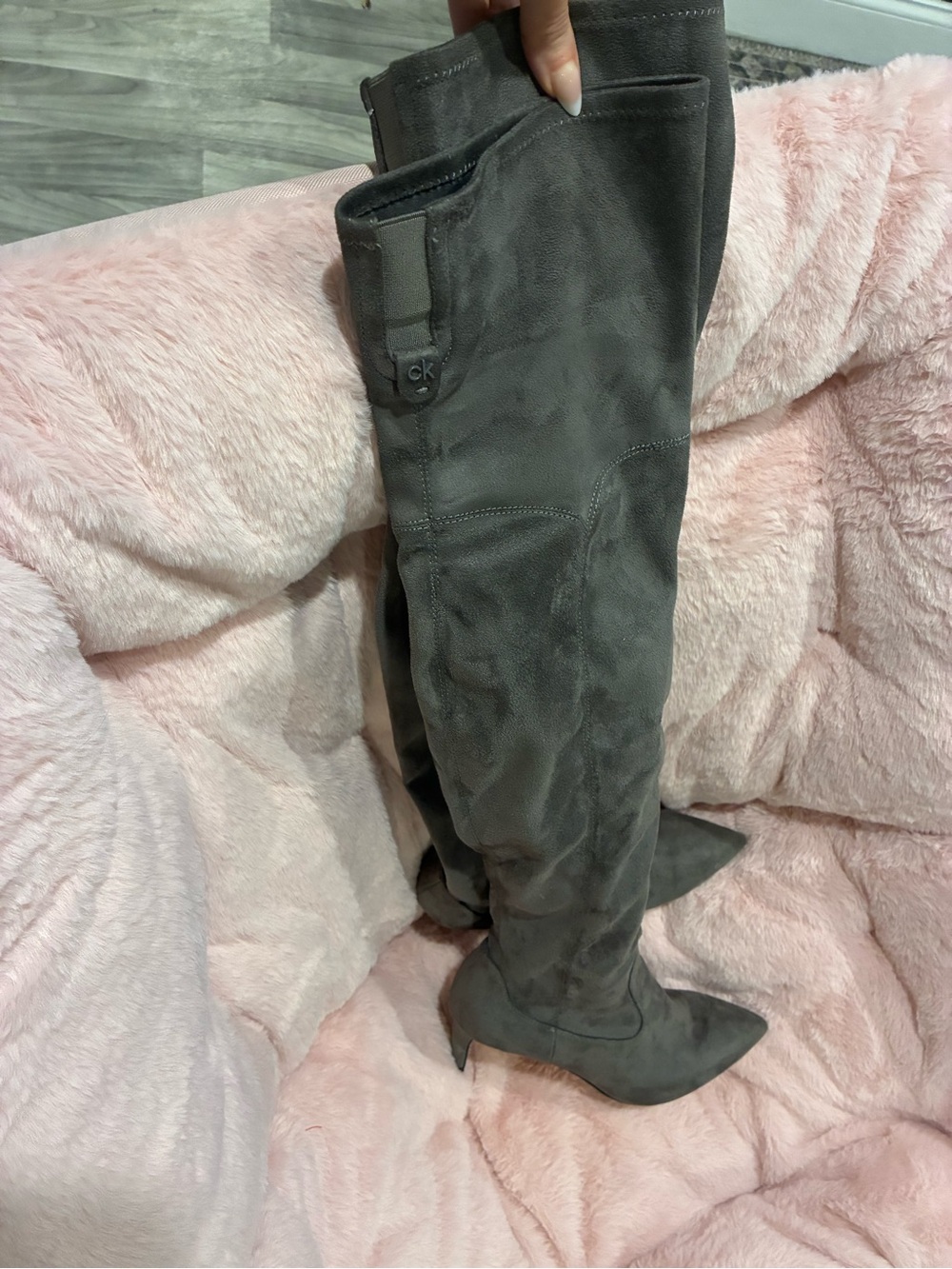 Calvin Klein Dark Gray Suede Over-the-Knee Pointed Boots